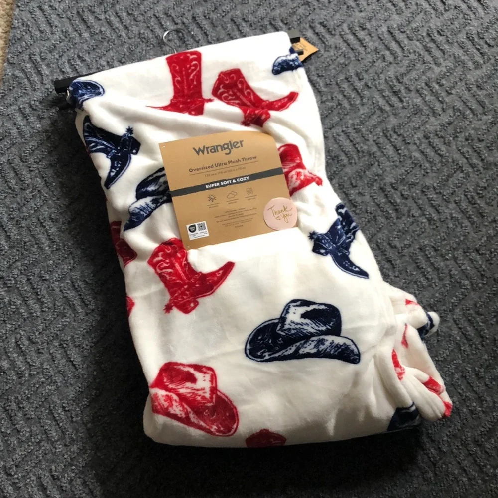 Wrangler Red and Blue Cowboy Boot and Hat Print Plush Throw